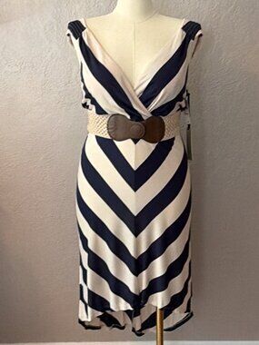 Remain Navy Cream Chevron Print Empire Waist Belted High-Low Dress Large NWT